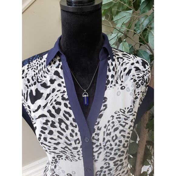 Express Botton Down Shirt Women's Size Small Blue Beige Leopard Chiffon Collared - Picture 5 of 11